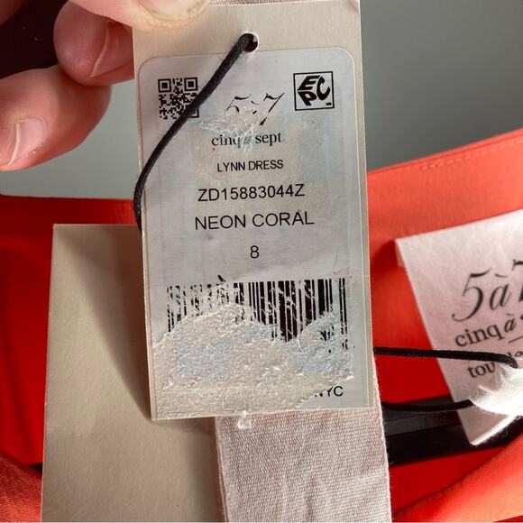 NWT CINQ A SEPT Lynn Dress Neon Coral Orange Ruffle Puff Sleeve Bow Tiered 8 - Picture 8 of 9